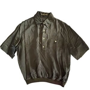 VINTAGE ALAN STUART 80-90's Preppy Black Silky Polo Shirt w/ Elastic Waist LARGE